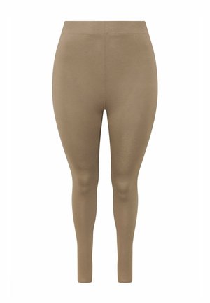 Leggings beige de cintura alta y largo completo con una textura suave y detalles mínimos de costuras, mostrados sobre un fondo blanco.