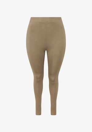 Beige Leggings mit hoher Taille und voller Länge, glatter Textur und minimalen Nahtdetails, dargestellt vor weißem Hintergrund.