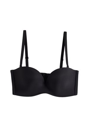 Soutien-gorge noir rembourré avec coque moulée, bretelles ajustables et texture lisse. Présente une fermeture à crochets et œillets à l'arrière et sans embellissements.