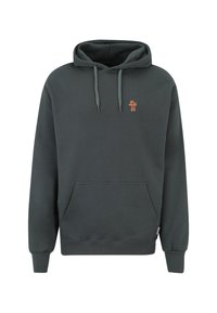 Dunkelgrauer Hoodie aus weichem Stoff, mit einer Kängurutasche und einem kleinen, orangefarbenen gestickten Design auf der Brust. Verstellbare Kapuze mit Zugband.
