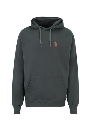 Dark gray hoodie made of soft fabric, featuring a kangaroo pocket and a small orange embroidered design on the chest. Adjustable drawstring hood.
