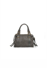 Borsa in suede grigia con hardware in ottone, doppi manici superiori e dettagli in frange sui lati. Forma rettangolare con una finitura testurizzata.