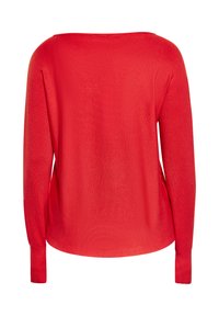 Roter Strickpullover mit weitem Ausschnitt, langen Ärmeln und lockerer Passform. Die Textur ist weich mit einem subtilen, einheitlichen Strickmuster.