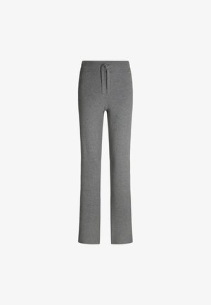 Pantalons de survêtement gris en tissu doux, dotés d'une taille à cordon de serrage et d'une coupe droite avec un accent logo discret sur le côté.