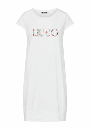 Robe blanche à manches courtes avec encolure ronde, arborant le logo "LIU•JO" décoré de motifs floraux colorés sur la poitrine.
