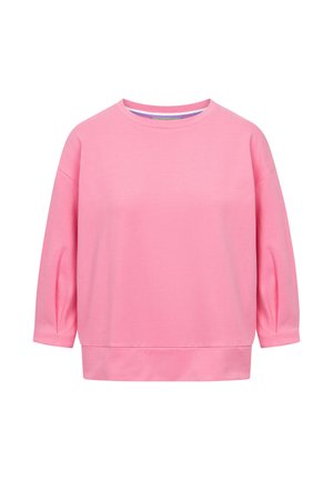 Roze sweatshirt met ronde hals, lange mouwen en geribbelde zoom, effen ontwerp, getoond op een witte achtergrond.