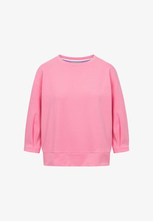 Roze sweatshirt met ronde hals, lange mouwen en geribbelde zoom, effen ontwerp, getoond op een witte achtergrond.