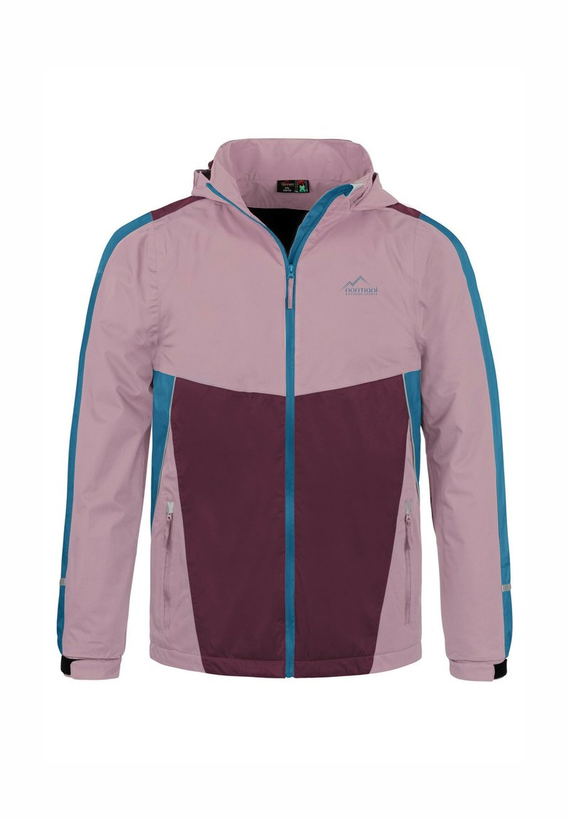 Leichte Jacke mit einem zweifarbigen Design in Pink und Kastanienbraun, mit blauen Akzenten. Mit Reißverschlusstaschen und verstellbarem Kapuzenbereich.