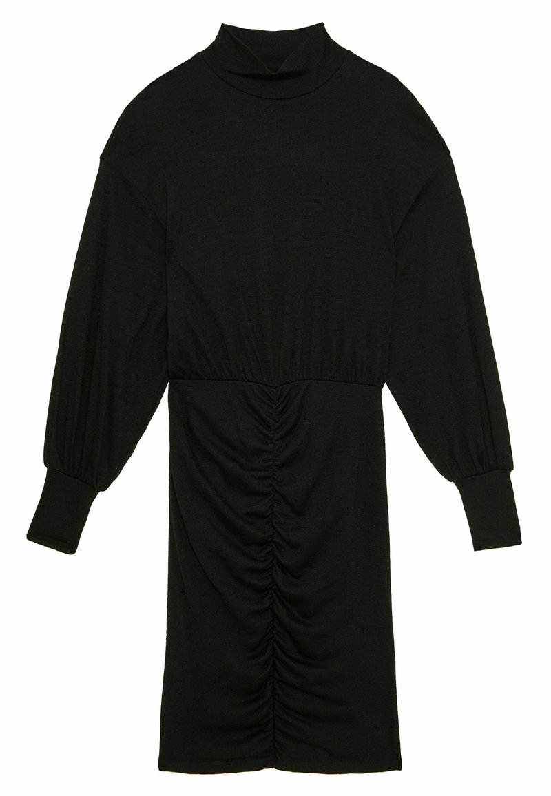Schwarzes langärmeliges Kleid mit einem hohen Kragen, das über ein gerafftes Detail in der Taille und elastische Bündchen verfügt. Weicher Stoff.