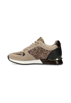 Beige og sort sneaker med leopardprint på sidepanelet, snørebånd og tekstureret sål, vist i højre sideprofil.