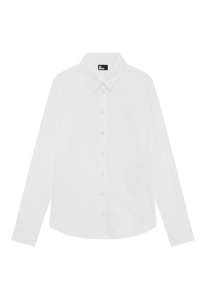 Hvid skjorte med lange ærmer, klassisk krave, knaplukning på fronten og en subtil logo detaljeret på brystet. Glat stofstruktur.