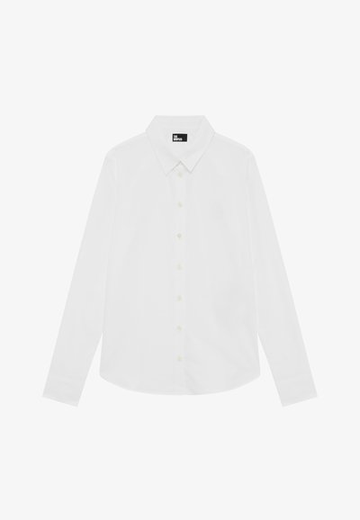 White long-sleeve shirt with a classic collar, button-front closure, and a subtle logo detail on the chest. Smooth fabric texture.