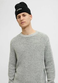 Lysegrå strikket sweater med et struktureret mønster, rund halsudskæring og lange ærmer. Kombineret med en sort ribbet beanie med hvidt logo.