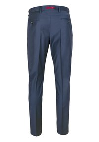 Marineblaue maßgeschneiderte Hose mit glatter Textur, flachem Frontdesign, zwei Gesäßtaschen und einem subtilen Glanzfinish. Verfügt über Gürtelschlaufen und einen roten Akzent.