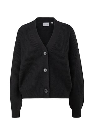 Cardigan noir en tricot avec manches longues, col en V, texture côtelée et trois gros boutons noirs sur le devant.