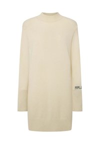 Maglione lavorato a maglia di colore crema con collo alto, maniche lunghe, polsini e orlo a costine, con dettaglio del logo sulla manica.
