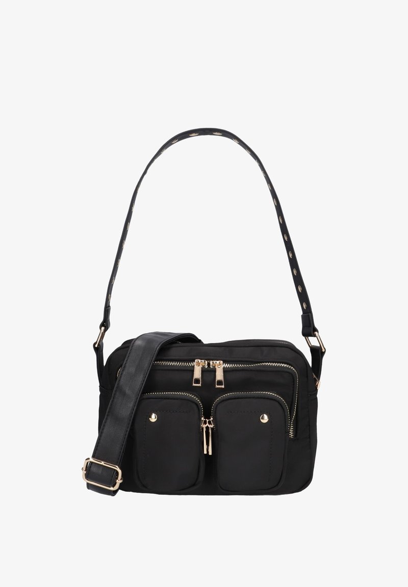 Black nylon crossbody bag with two front pockets, gold zippers, and a textured strap featuring small cut-outs for added detail.