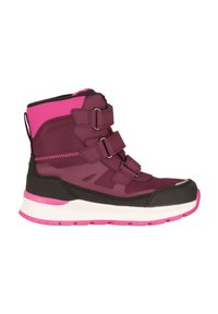 Purple and pink winter boot with three hook-and-loop straps, black toe cap, and white and pink thick sole.