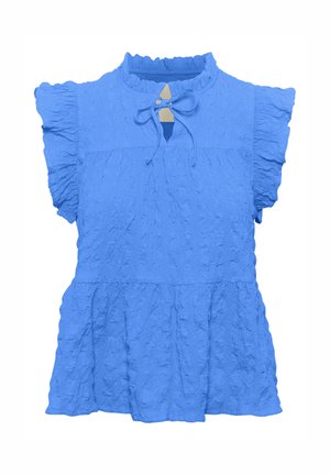 Blusa azul texturizada con mangas con volantes, escote en forma de ojal y dobladillo peplum. Tejido ligero con acabado arrugado.