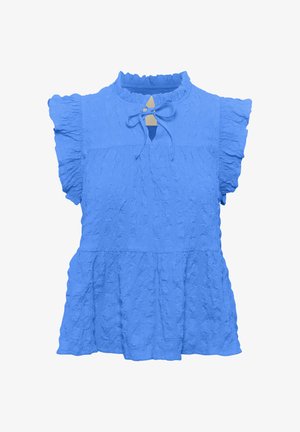 Kék struktúrájú blúz ráncos ujjakkal, kulcslyuk nyakkivágással és peplum aljjal. Könnyű anyag, gyűrött felülettel.