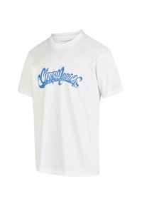 White cotton t-shirt featuring a blue stylized graphic logo reading "Cleptomanics CUSTOMS" on the front, short sleeves, and a round neckline.