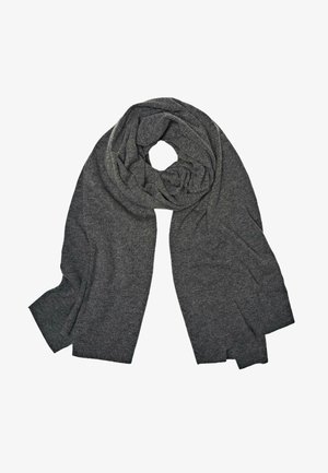 Mørkegrå uldhalstørklæde, blødt og struktureret, har et draperet design med løse ender, velegnet til at vikle omkring halsen.