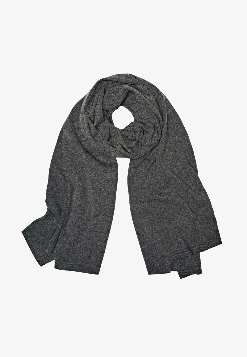 Écharpe en laine gris foncé, douce et texturée, avec un design drapé et des extrémités lâches, idéale pour s'enrouler autour du cou.