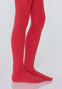 Collant opachi rossi con una texture liscia, design aderente e costruzione senza cuciture, che coprono le gambe dal piede alla vita.