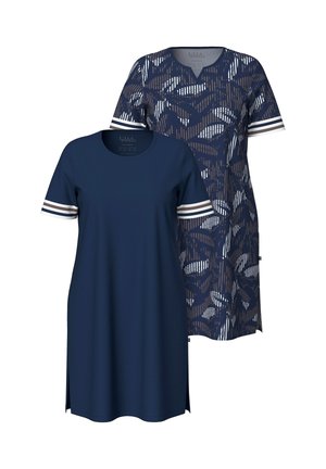 Zwei knielange marineblaue Kleider; eines einfarbig mit gestreiften Ärmelsäumen, eines gemustert mit geometrischen Formen und denselben Ärmelstreifen.