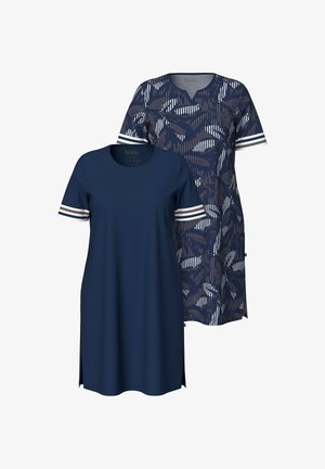 Twee donkerblauwe jurken tot op kniehoogte; één effen met gestreepte mouwboorden, één met geometrische patronen en dezelfde strepen op de mouwen.