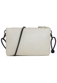 Beige leather crossbody bag with a black strap. Features a zip closure and embossed logo on the front. Smooth texture and rectangular shape.