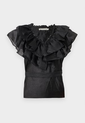 Blouse noire avec un col et des manches à volants, dotée d'une taille cintrée. Fabriquée dans un matériau brillant avec une finition texturée.