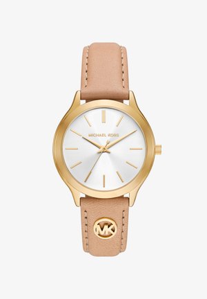 Guldtonet armbåndsur med en rund hvid skive, minimale time markører og et tan læderrem med præget logo og syninger.