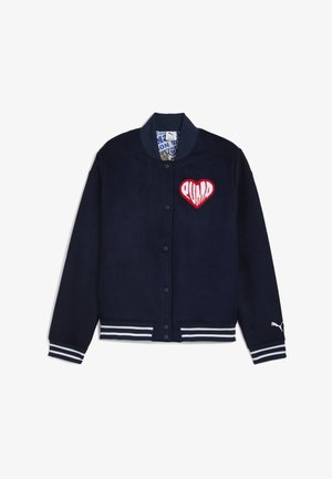Navy fleece varsity jacket with button closure, striped cuffs, and collar. Features a red embroidered heart with "PUMA" inside.