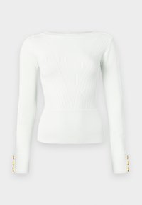 Pulover verde deschis, cu mâneci lungi și model cu dungi, decolteu în formă de V și accente cu nasturi aurii la manșete. Textură netedă și croială mulată.