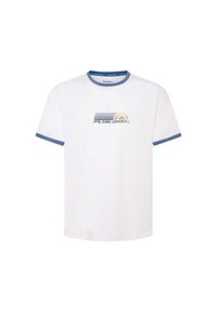 Balta medvilnė t-shirto su mėlynu tinkleliu ant apykaklės ir rankovių. Pateikiama grafika su dryžiais ir saulės motyvu, kuriame rašoma "PEPE JEANS. LONDON W11."