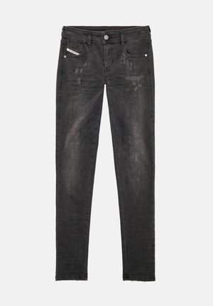 Jeans neri slim fit con dettagli sbiaditi e usurati, design a cinque tasche e chiusura con bottone in vita.