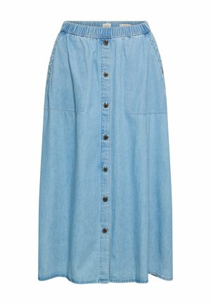 Lyseblå denim midi-nederdel med frontknaplukning og elastisk talje.