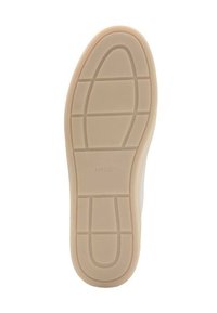 Schuhsohle mit einer strukturierten Gummisohle in hellbeiger Farbe. Das Design enthält horizontale und vertikale Rillen für besseren Halt.