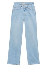Jean large en denim bleu clair avec une taille mi-haute, cinq poches et des détails de couture orange. Texture lisse avec une coupe décontractée.
