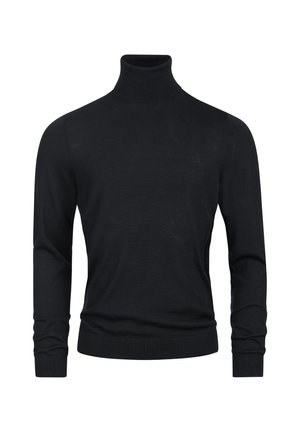 Maglione nero a collo alto con maniche lunghe, realizzato in un tessuto a maglia liscio, con polsini e orlo a costine per un aspetto aderente.