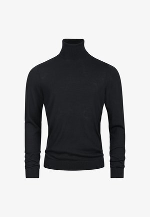 Maglione nero a collo alto con maniche lunghe, realizzato in un tessuto a maglia liscio, con polsini e orlo a costine per un aspetto aderente.
