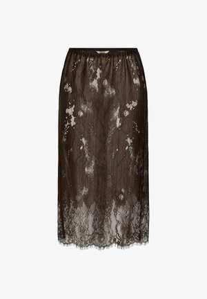 Zwarte kanten midi-rok met bloemenpatronen en een geschulpte zoom, met een elastische tailleband en semi-transparante stof.