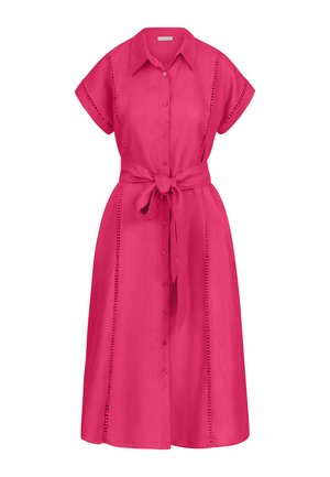 Bright pink short-sleeve button-up dress with collar, stitched detailing, and a tied waist belt, knee-length.
