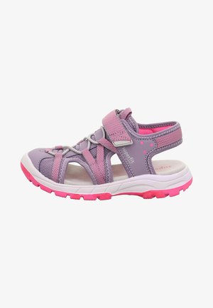 Lila und rosa Kindersandalen mit atmungsaktiven Mesh-Trägern, verstellbarem Klettverschluss und einer weißen Sohle mit pinken Akzenten.