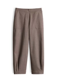 Brown cropped pants with elastic waistband, front patch pockets, and small pleats near the hem.