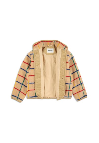 Giacca in fleece con esterno beige caratterizzato da un motivo a griglia multicolore, rifiniture in corduroy e un morbido rivestimento beige. Design con cappuccio.