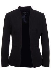 Blazer noir sur mesure avec un design élégant, comprenant un col cranté, un tissu lisse et deux poches avant. Aucun bouton visible.