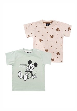 Due t-shirt a maniche corte: uno verde menta con una grafica di Topolino nera, l'altro color beige chiaro con pois marroni. Tessuto in cotone morbido.