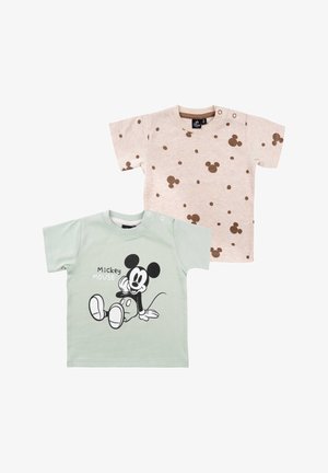 Two short-sleeve t-shirts: one mint green with a black Mickey Mouse graphic, the other light tan with brown polka dots. Soft cotton fabric.